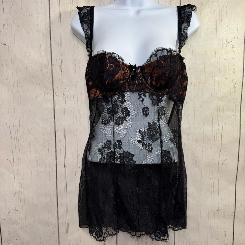 Frederick’s of Hollywood Black Lace Babydoll Slip Vintage Sheer Lingerie Gothic